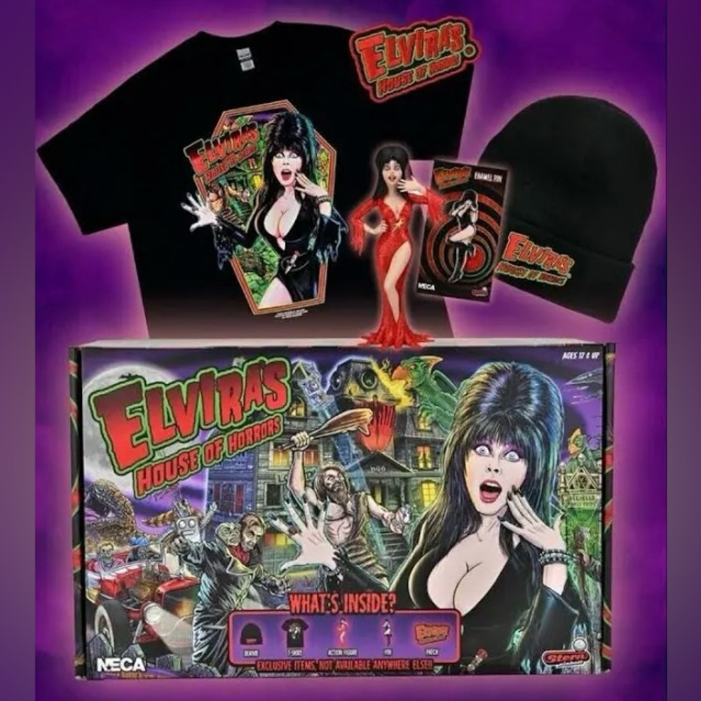 Elvira’s House of Horrors Neca Box - size large - beanie tshirt pin figure patch